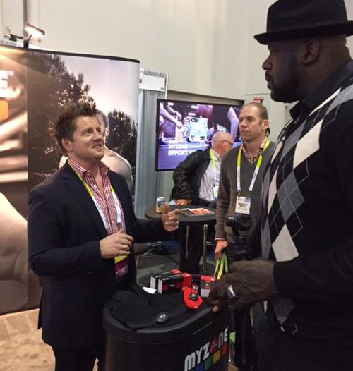 Dave Wright welcomes basketball legend Shaquille O'Neal to the MyZone stand at CES 2016