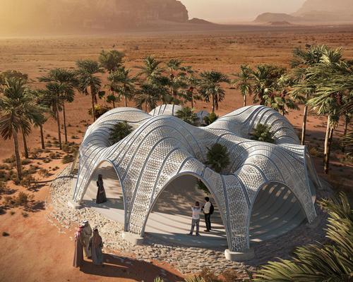 The pavilion was conceived in part as a model for building structures on Mars, with the landscape of the site being a close match for the planet