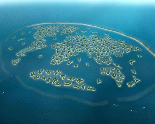 The World Islands is a man-made archipelago located four kilometres off the coast of Dubai featuring 300 islands constructed into the shape of six continents on a world map which can be seen from space 