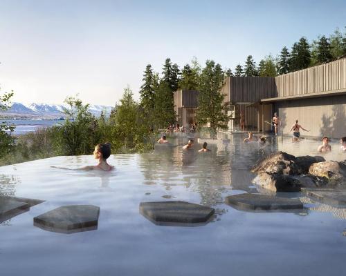 Geothermal Forest Lagoon opening in Iceland overlooking one of the country’s longest fjords