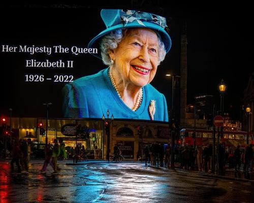 Her Majesty the Queen pictured at Piccadilly Circus just after the announcement of her death