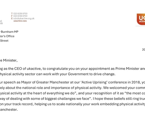 UK Active press release: UK Active letter to the Prime Minister