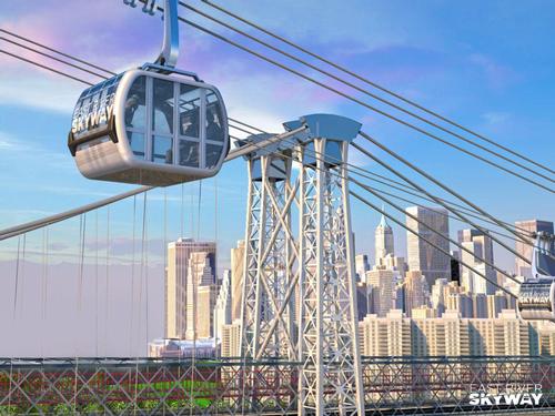 A rendering shows the proposed East River Skyway gondola above the New York City skyline