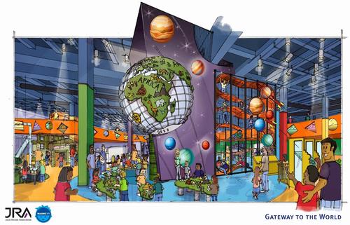 Gateway to the World is a two-storey climbing structure, where children will climb through the layers of the earth before entering an interactive globe with six continent-shaped tables