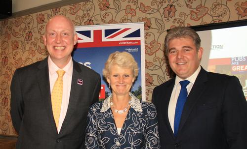 (From left) VisitBritain's marketing director Joss Croft, BBPA's Brigid Simmonds and community pubs minister Brandon Lewis at the launch
