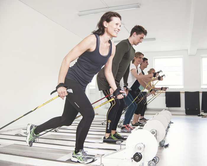 A full-body workout machine that imitates cross-country skiing