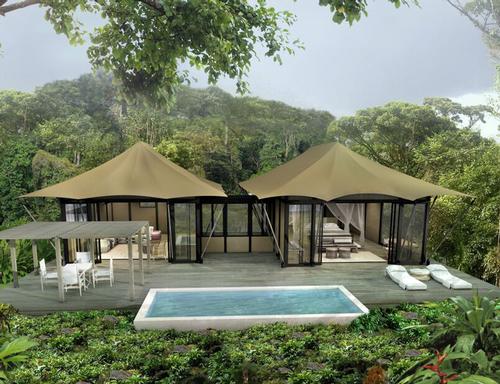 Each tent will sit on its own platform, furnished with an outdoor living area and a plunge pool filled from the nearby hot springs