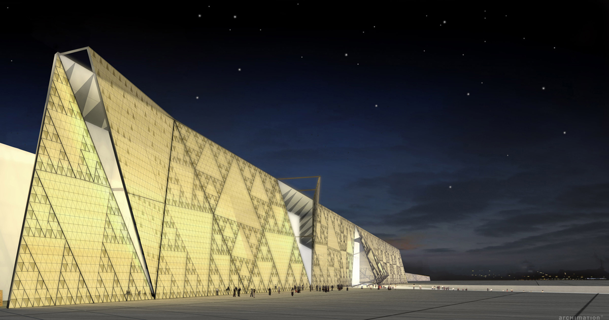 A rendering shows the translucent stone wall exterior design of the Grand Egyptian Museum at Giza, Cairo
