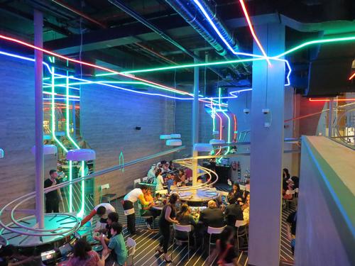 Coaster-inspired tracks deliver food and beverages to diners at ROGO's Rollercoaster Restaurant at Yas Mall in Abu Dhabi