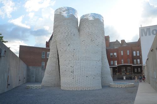 The tubular tower is made of over 10,000 biodegradable bricks