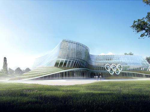 The building's undulating facade is meant to convey the energy of an athlete in motion
