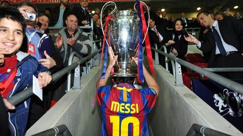 Barcelona's Lionel Messi celebrates winning the UEFA Champions League in the 2011 final