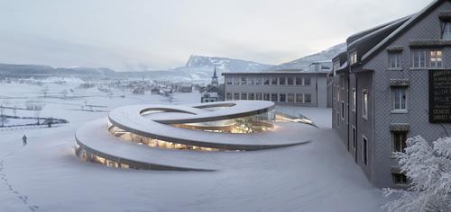 The structure by BIG is an intricate spiral pavilion, like the movement of a fine time piece 