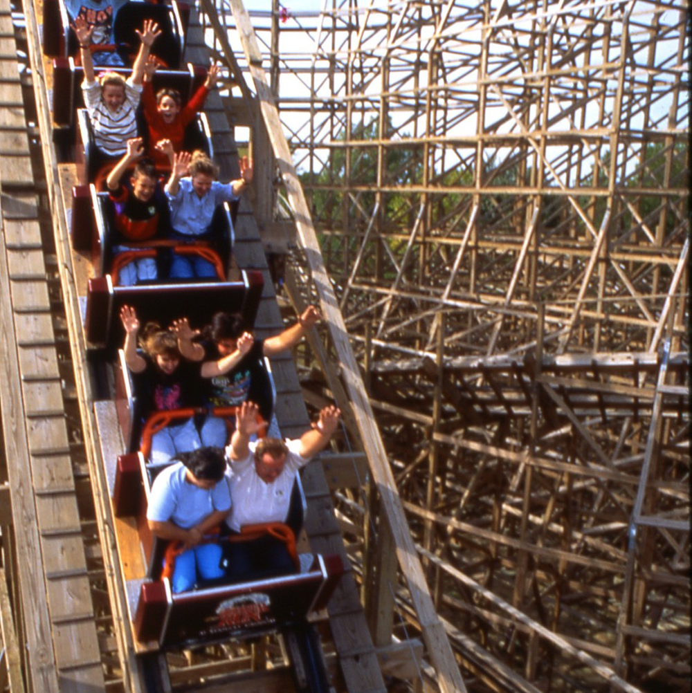 Wooden roller coaster the Thunder Run at Kentucky Kingdom