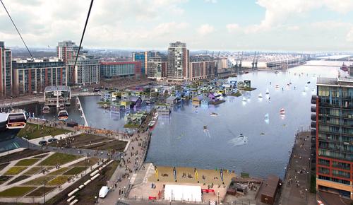 An artist's impression of the 'floating village', with the Emirates Airline cable car in the left middle-ground