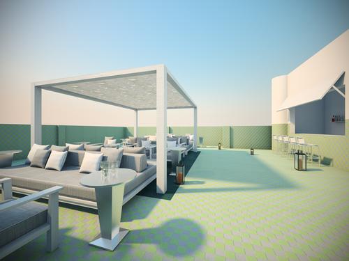 The outdoor terrace features a juice bar and hosts daily yoga sessions
