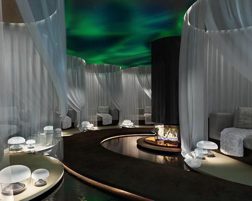 A unique relaxation room features an Aurora Borealis ceiling light feature along with relaxation pods and a faux fire