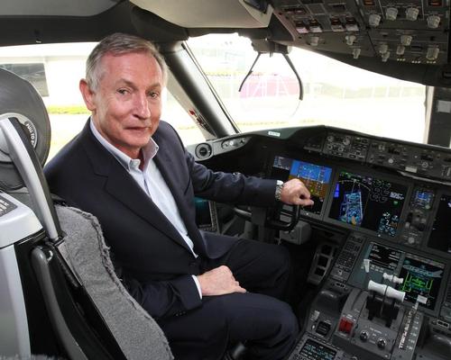 Former Virgin Atlantic CEO Steve Ridgway sits in the cockpit onboard the Boeing Dreamliner 787 during its visit to the Royal Suite at Heathrow Airport