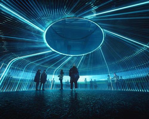 The images reveal a domed tent-like space, surrounded on the outside by a 360 degree display screen