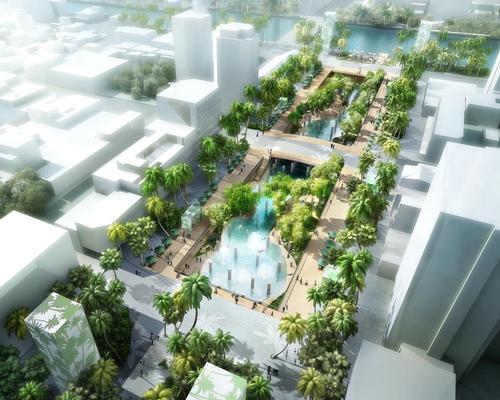 A new public square will be centred around the lush, green artificial lagoon – created by flooding the former underground car park of a city mall