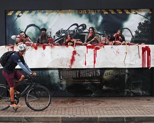 Thorpe Park Resort unveiled a gory living billboard to make the announcement 