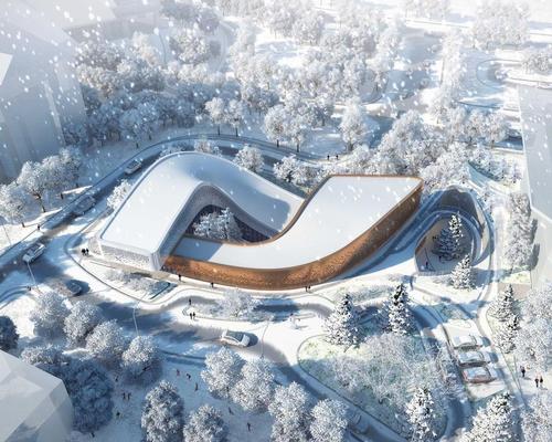 The Four Seasons Town Reception Center will feature a dynamic swooping form that evokes a sense of movement and relates the building to the surrounding mountain slopes and ski tracks
