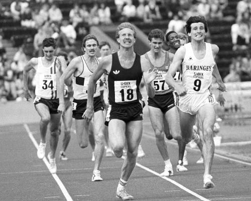Peter Elliott (18) and Sebastian Coe (9) neck and neck during the final of the 1500 metres in the AAA Championships at Crystal Palace, when Elliott pipped Coe to claim a place in the Los Angeles Olympics