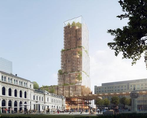 The building’s stacked modular timber structure will be exposed through a transparent glass facade