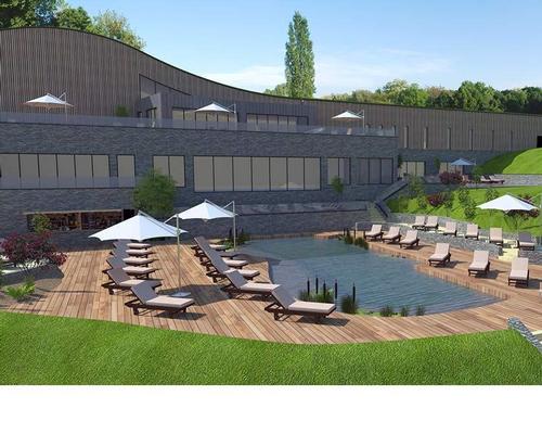 Terraced sun decks will surround the UK’s first heated natural swim pond