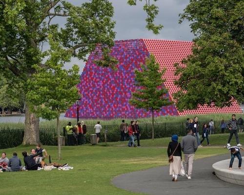 The London Mastaba, Christo’s first outdoor public work in the UK, is formed of 7,506 horizontally stacked barrels on a floating platform