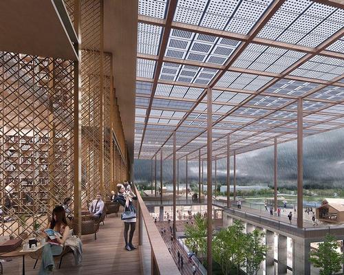 A rendering of the library's lobby and solar canopy