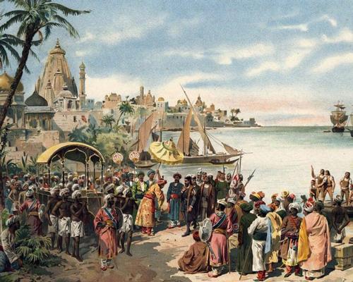 Alfredo Gameiro's painting of Portuguese voyager Vasco de Gama arriving in Calicut (Kozhikode), India in 1498