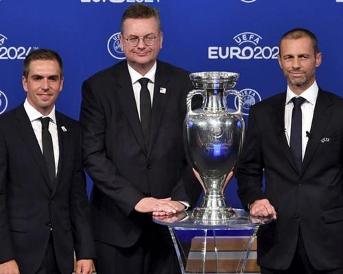 Philipp Lahm, the ambassador for the German bid (left) with DFB president Reinhart Grindel (centre) and UEFA president Aleksander ?eferin