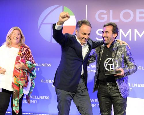 Nerio Alessandri (centre), founder and president of Technogym, rejoices after being presented with the Leader in Innovation award, by Susan Harmsworth (left) and Sammy Gharieni