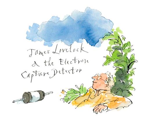 The Lovelock portrayal shows the scientist beside foliage and his Electron Capture Detector, which demonstrated the environmental danger of CFCs to the Earth