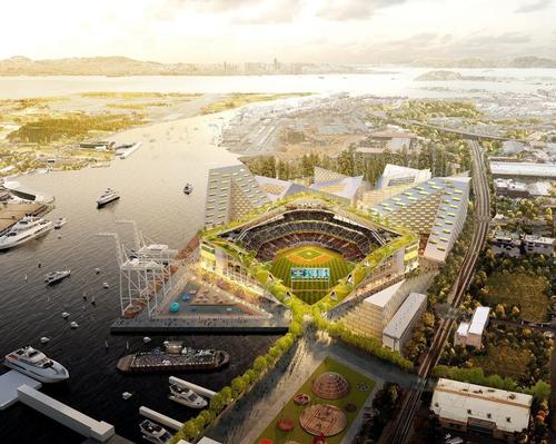 Designed by Bjarke Ingels the 34,000-capacity stadium is being planned for a site at Port of Oakland’s Howard Terminal
