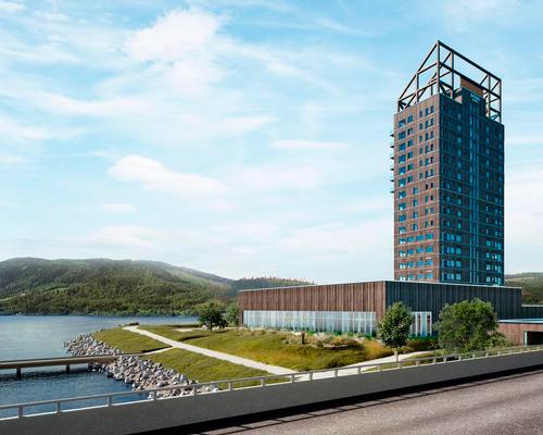 The 18-storey high-rise is located on the shore of Norway's largest lake.