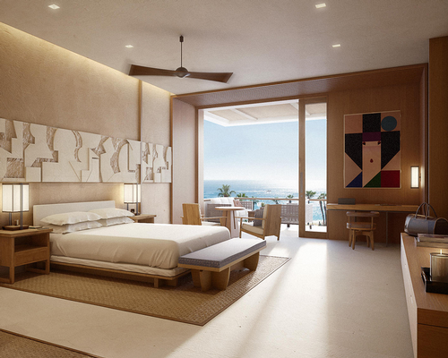 The resort's aesthetics draw from various architectural styles, such as Japanese minimalism and California modernism.