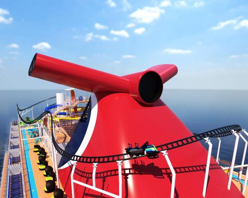 The Bolt Ultimate Sea Coaster ride finishes with a hairpin bend around the ship's funnel