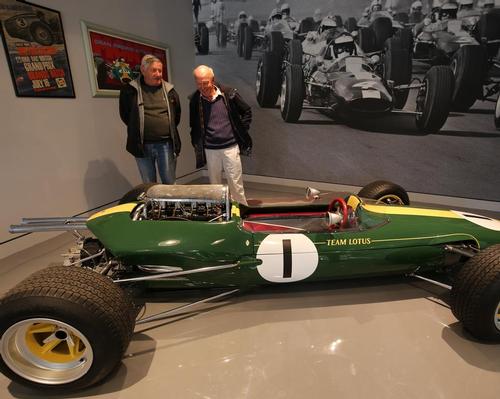 Doug Niven (right), cousin of Jim Clark, and Archie Simmonds, whose father was a mechanic for Clark, with the Lotus car in which the driver won four Grands Prix