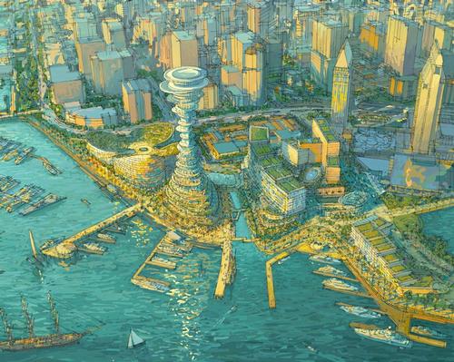 An artist's rendering of the Seaport San Diego concept, with the tower positioned at the water's edge