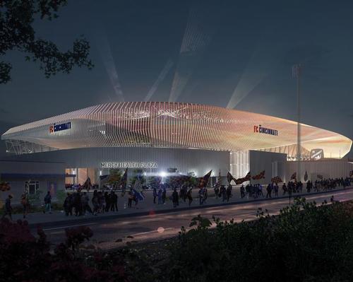 The stadium will feature a vertical façade of 513 fins lit by colour-changing LEDs