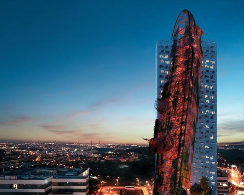 Top Tower building comprises a conventional high-rise tower with a sculptural, structural frame