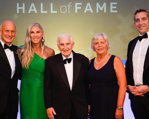 Duncan Goodhew (left) Sharron Davies (second from left), volunteer Alan Donlan (centre), Jenny Gray (Second from right) and Steve Parry (right) were the five living inductees to the Hall of Fame