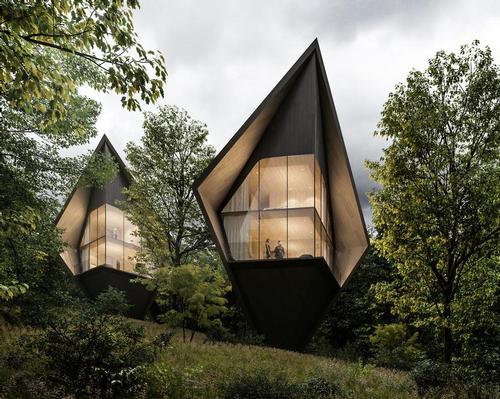 The sharp, steep roofs of the treehouses are inspired by the surrounding fir and larch trees