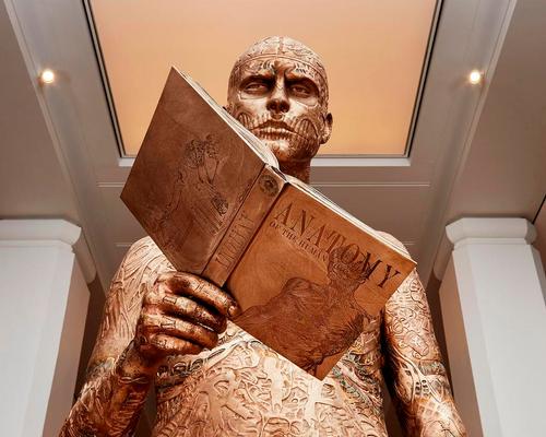 Upon entering the galleries, visitors are confronted by Marc Quinn's bronze sculpture, inspired by deceased full body tattoo model Rick Genest