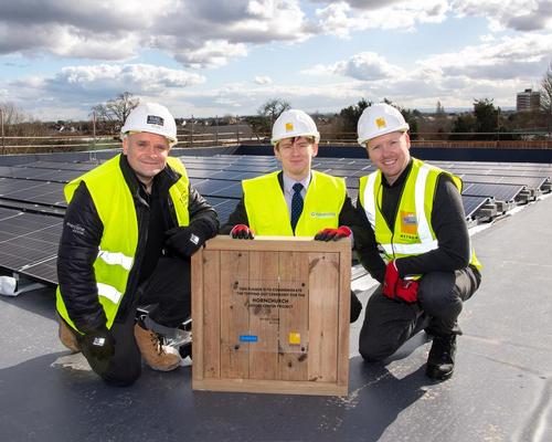 Tom Fletcher Everyone Active's area contract manager (left), councillor Damian White (middle) and Duncan Cogger, regional contract manager, Everyone Active at the topping-out ceremony
