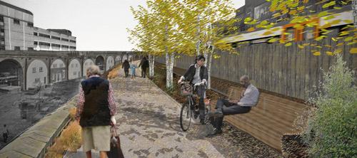 The planned park consists of green-lined pedestrian and cycle routes running through Victorian brick viaducts before dropping down to a little-used nature reserve / Peckham Coal Line