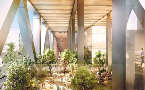 Landscaping features and art installations will be added at the base of the towers / Foster + Partners