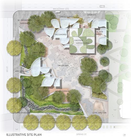 A collection of shaded outdoor rooms for small group gatherings will be created for food fairs, art installations and other community events / OMA and MLA